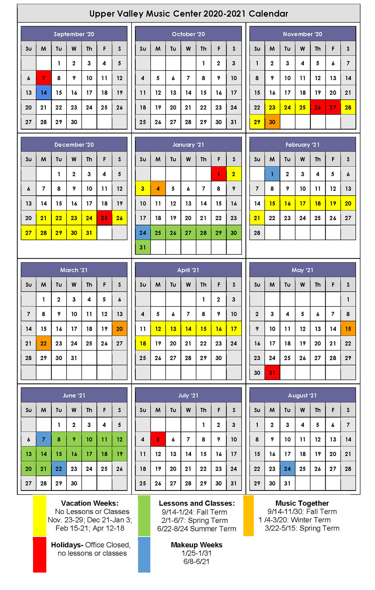 2020-2021 School Calendar | Upper Valley Music Center