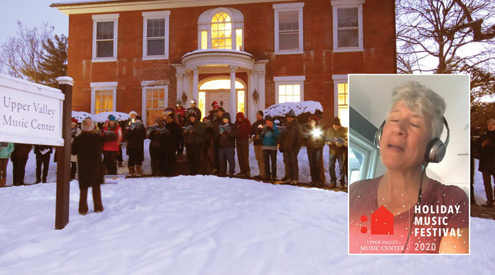 Carolers singing outside UVMC, with inset of singer with headphones