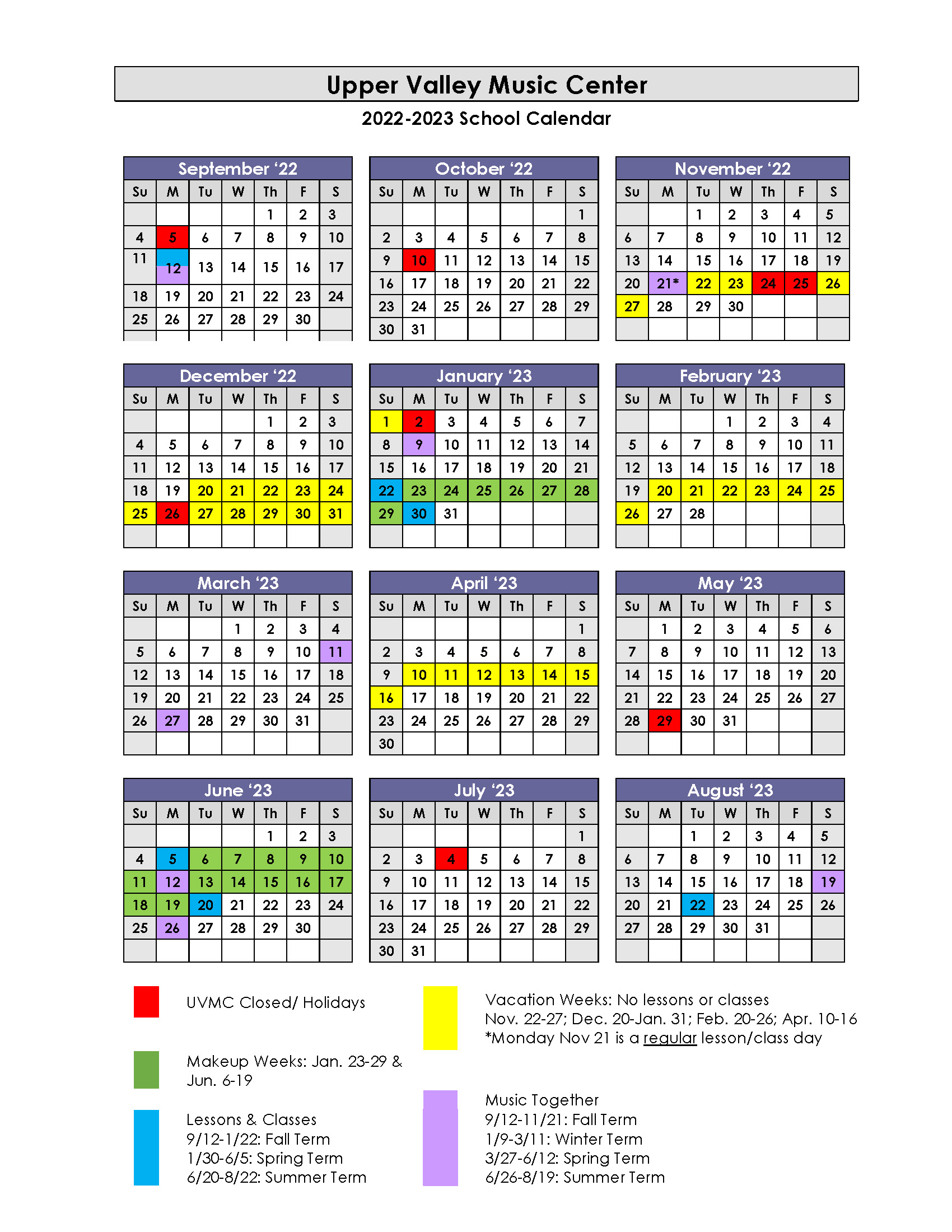 School Calendar | Upper Valley Music Center